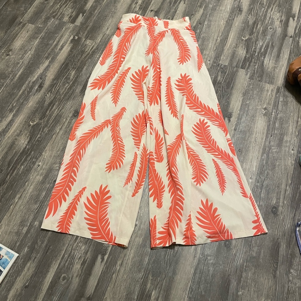 Stylish Cream and Orange Leaf Print Wide-Leg Pants